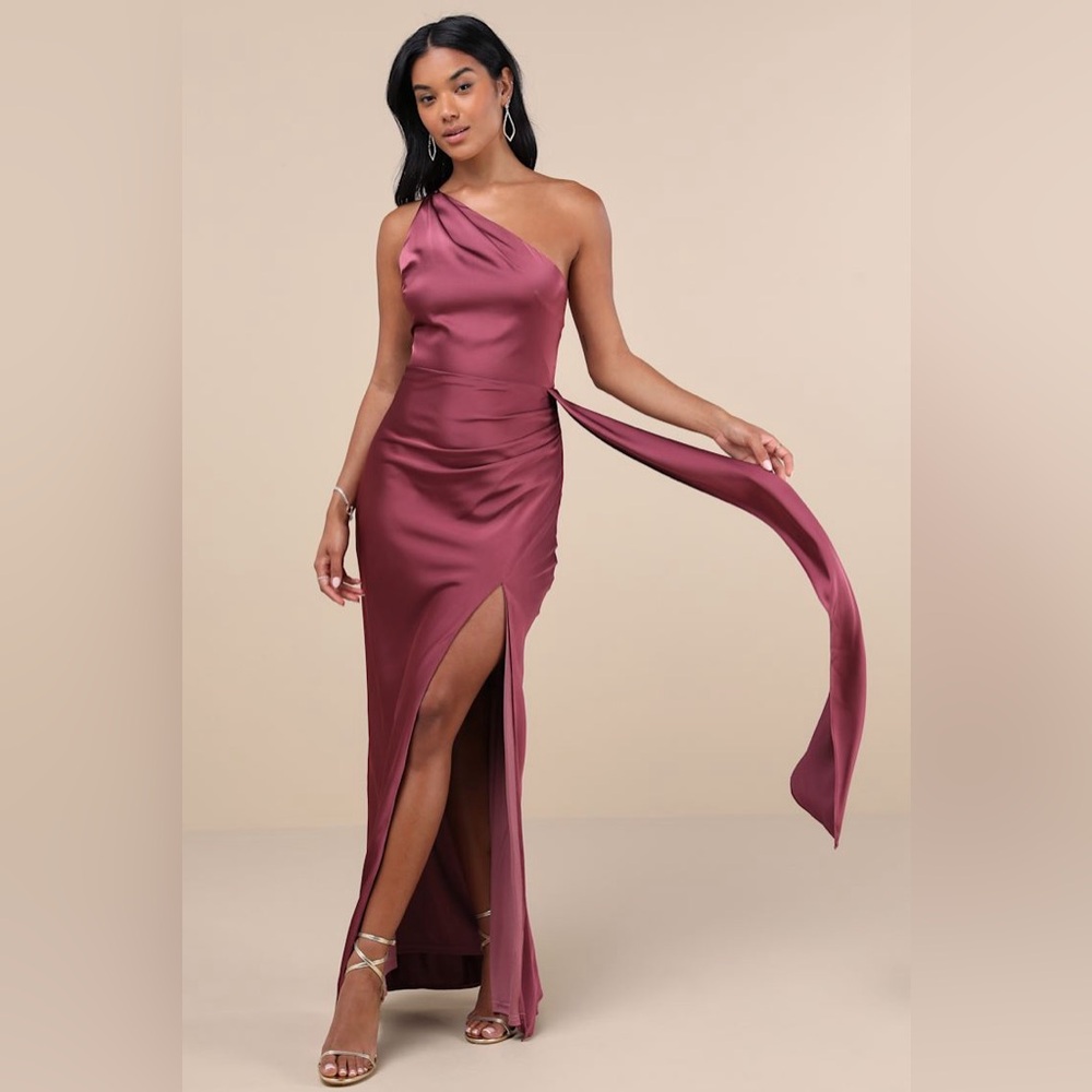 Lulus-Signature Elegance Mauve Purple Satin One-Shoulder Maxi Dress Size Medium